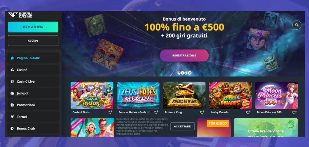 Homepage ufficiale di Buran Casino. Immagine Cryptocasinoonline.net. La riproduzione anche parziale è vietata.