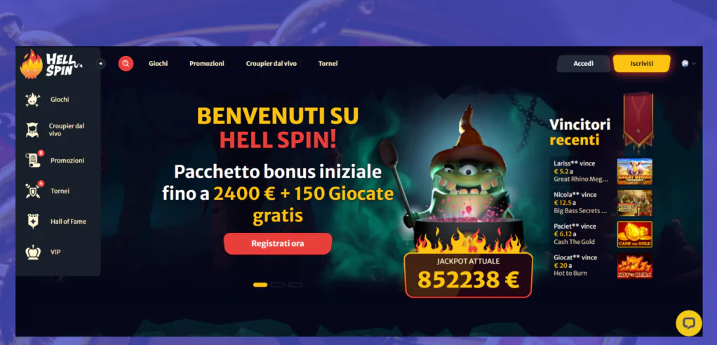 Homepage ufficiale del Hell Spin Casino. Immagine Cryptocasinoonline.net®. La riproduzione anche parziale è vietata.