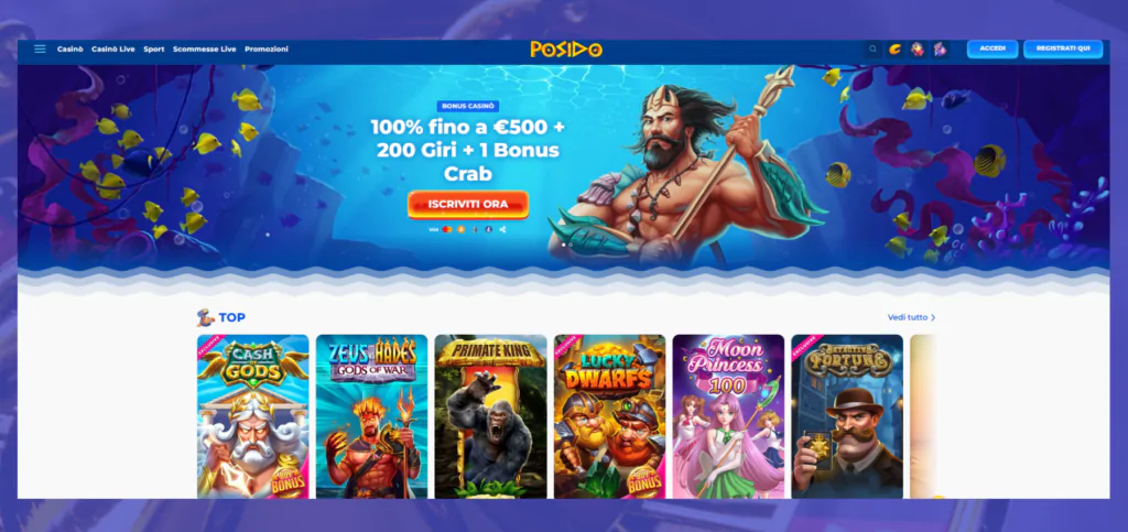 Homepage ufficiale di Posido Casino. Immagine Cryptocasinoonline.net. La riproduzione anche parziale è vietata.