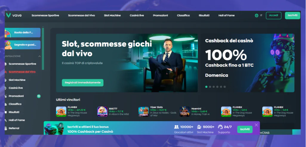 Homepage ufficiale di Vave Casino. Immagine Cryptocasinoonline.net. La riproduzione anche parziale è vietata.