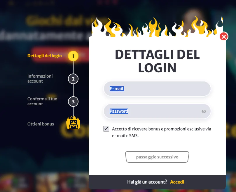 Modulo di registrazione al Hell Spin Casino. Immagine Cryptocasinoonline.net. La riproduzione anche parziale è vietata.