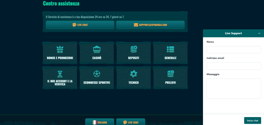 Live chat del supporto clienti di Spinanga Casino in italiano