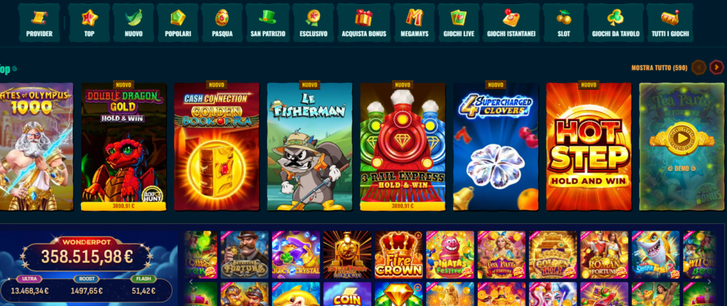 La sezione giochi di Spinanga Casino con oltre 9.000 titoli. Immagine CryptoCasinoOnline.net®. La riproduzione anche parziale è vietata.