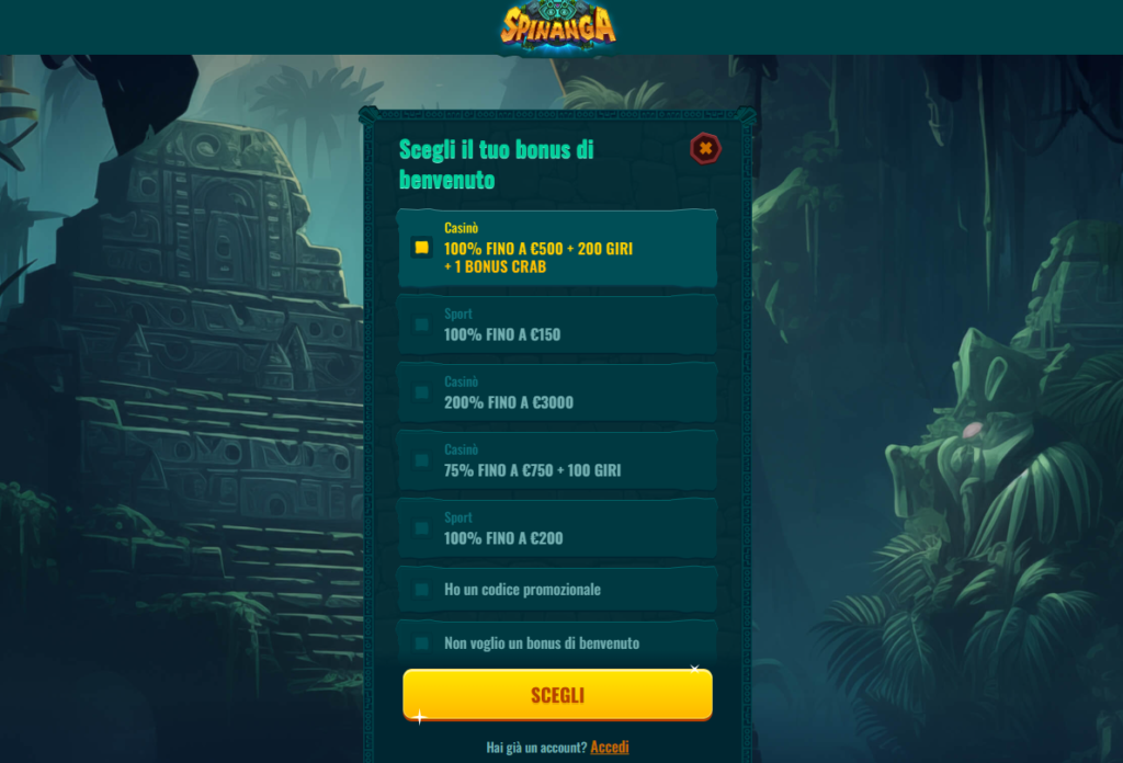 Modulo di registrazione a Spinanga Casino per ottenere il bonus