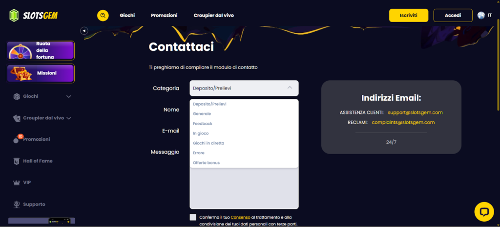 Come contattare slotsgem casino