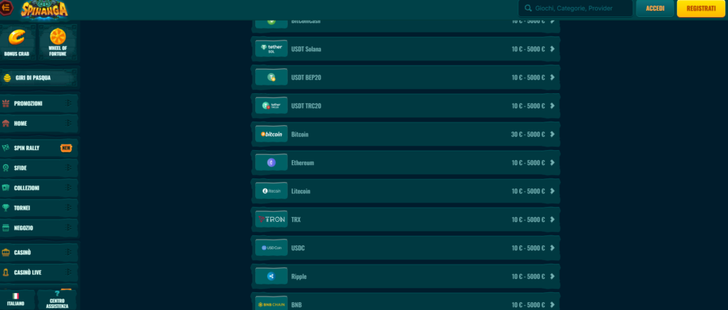 Sezione pagamenti e prelievi di Spinanga Casino con metodi crypto