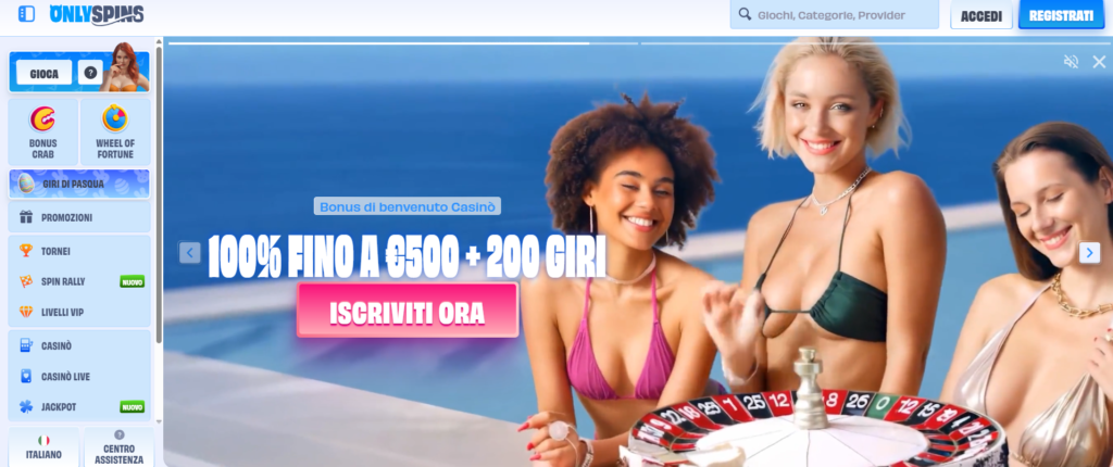 Homepage ufficiale di OnlySpins Casino con sezioni casino, live e scommesse sportive — interfaccia bianca e blu moderna