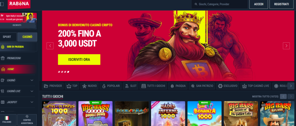  Homepage ufficiale di Rabona Casino con sezioni casino, live e scommesse sportive — interfaccia scura moderna