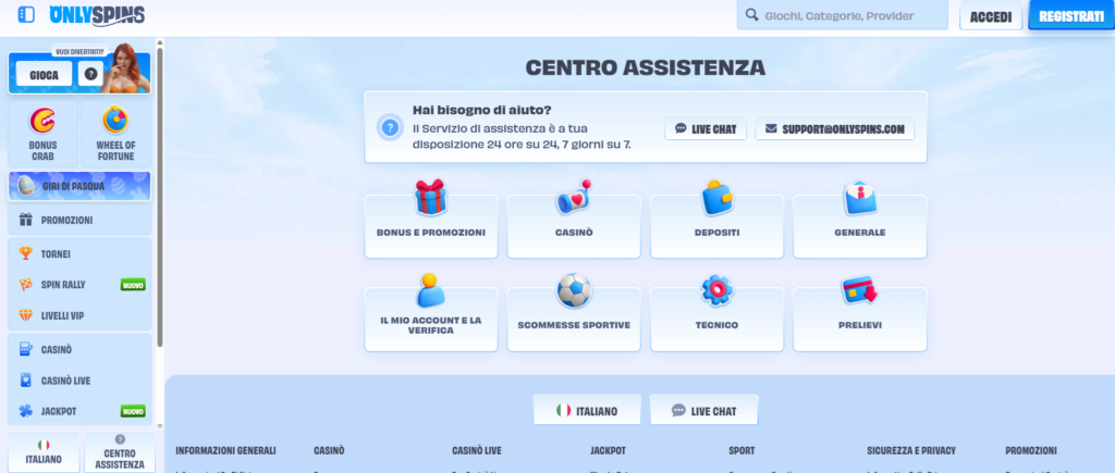 Live chat del supporto clienti di OnlySpins Casino — assistenza multilingue 24 ore su 24