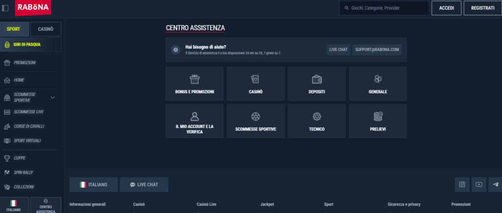 Live chat del supporto clienti di Rabona Casino in italiano — assistenza 24 ore su 24
