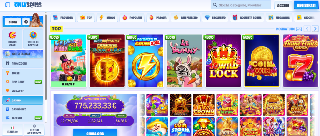 Catalogo giochi di OnlySpins Casino con slot machine, live casino e giochi da tavolo — oltre 8.000 titoli disponibili