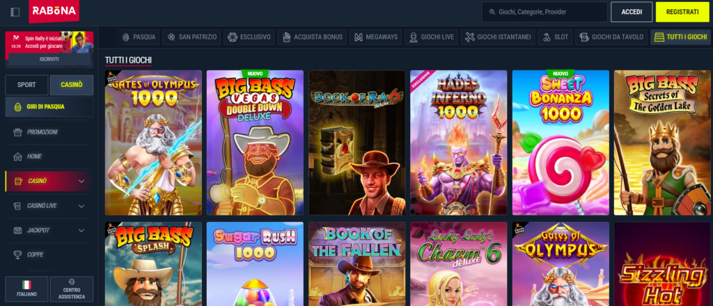 Catalogo giochi di Rabona Casino con slot machine, live casino e scommesse sportive — oltre 7.000 titoli disponibili