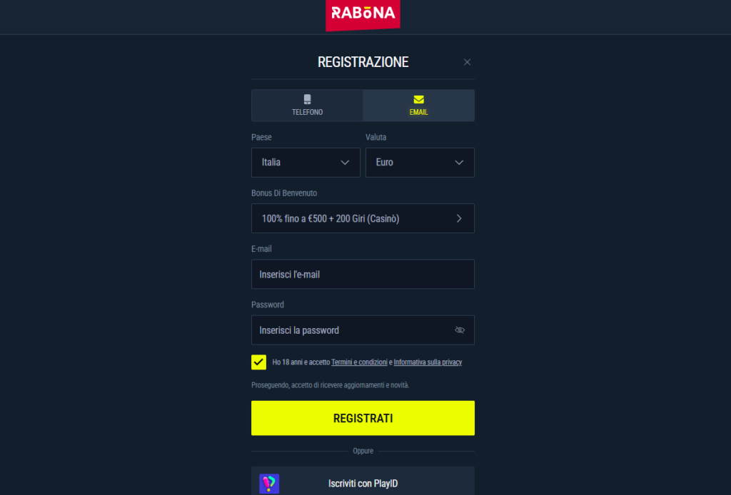 Modulo di registrazione a Rabona Casino per ottenere il bonus di benvenuto — 100% fino a 500€ + 200 Free Spin